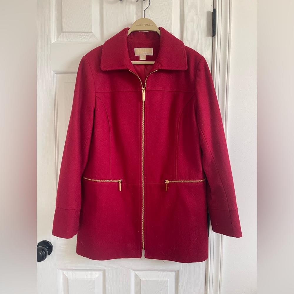 Michael Kors Red Trench Coat with Gold Zippers